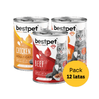 MIX 12 LATAS PREMIUM BESTPET CAT TROZOS DE POLLO-CARNE-SALMON 400 G